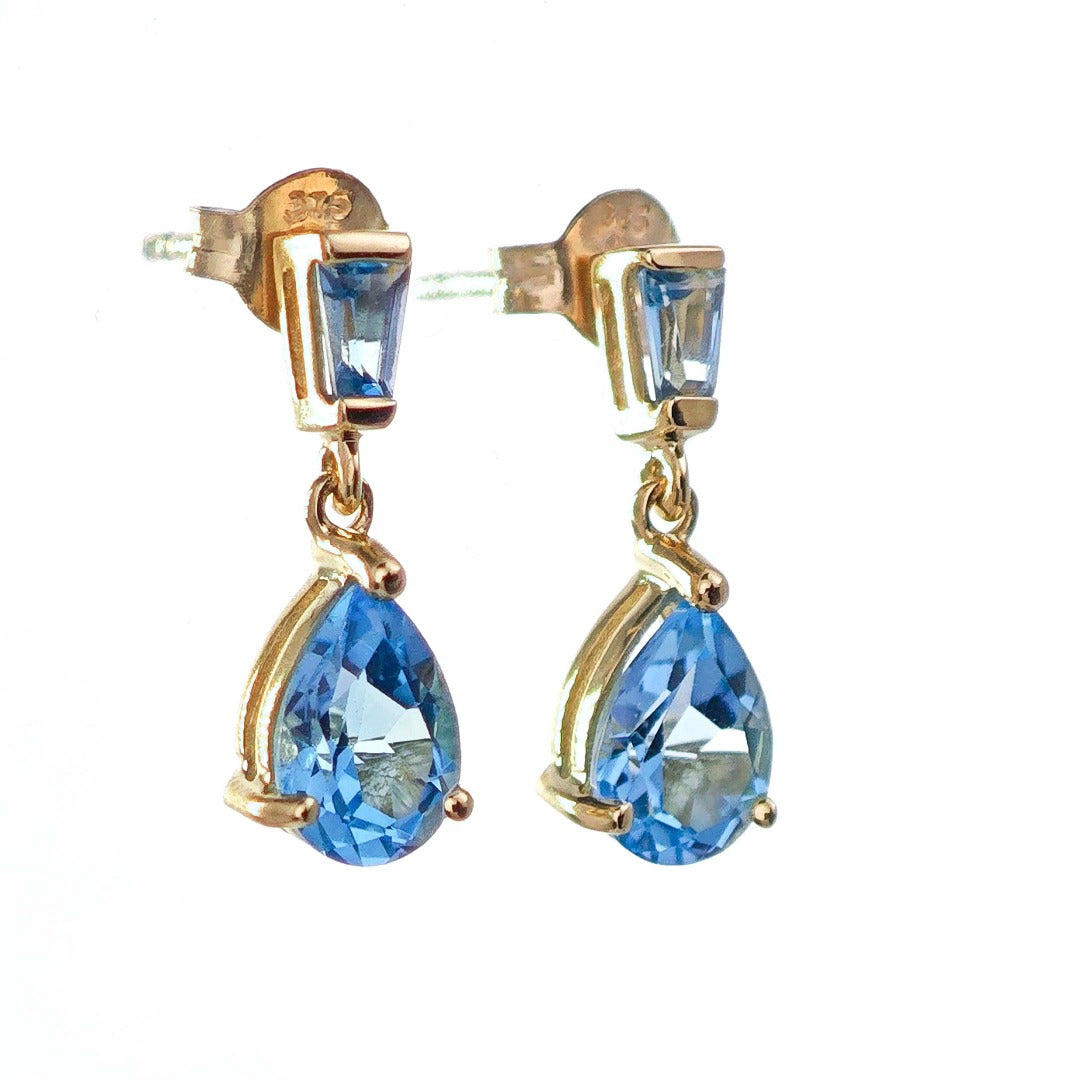 9ct Topaz Earrings Gold Studs Natural Light Swiss Blue Treated Gemstones1.74ct