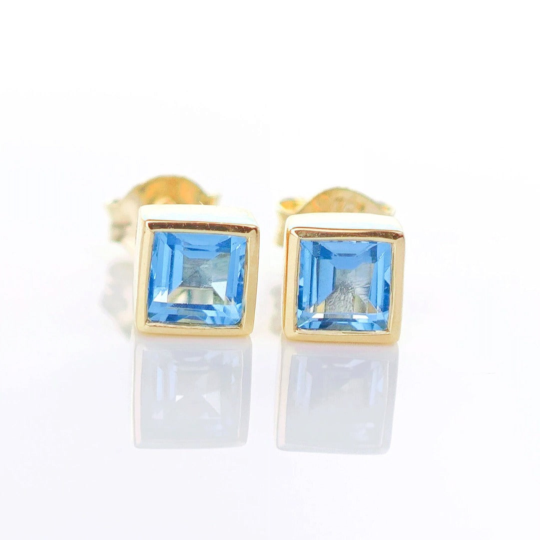 9ct Topaz Earrings Gold Studs Natural Light Swiss Blue Treated Gemstones 0.76ct