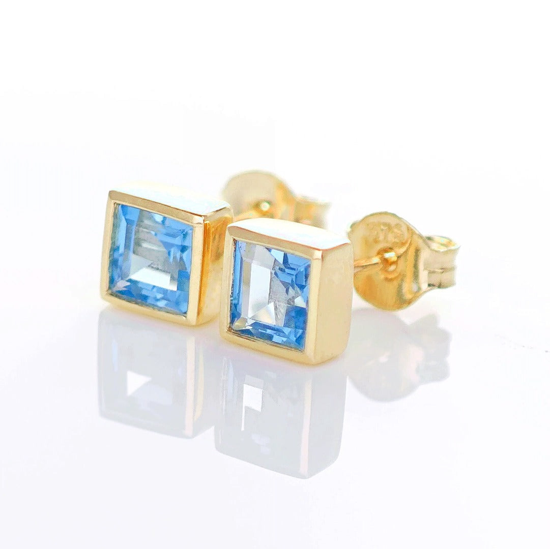 9ct Topaz Earrings Gold Studs Natural Light Swiss Blue Treated Gemstones 0.76ct