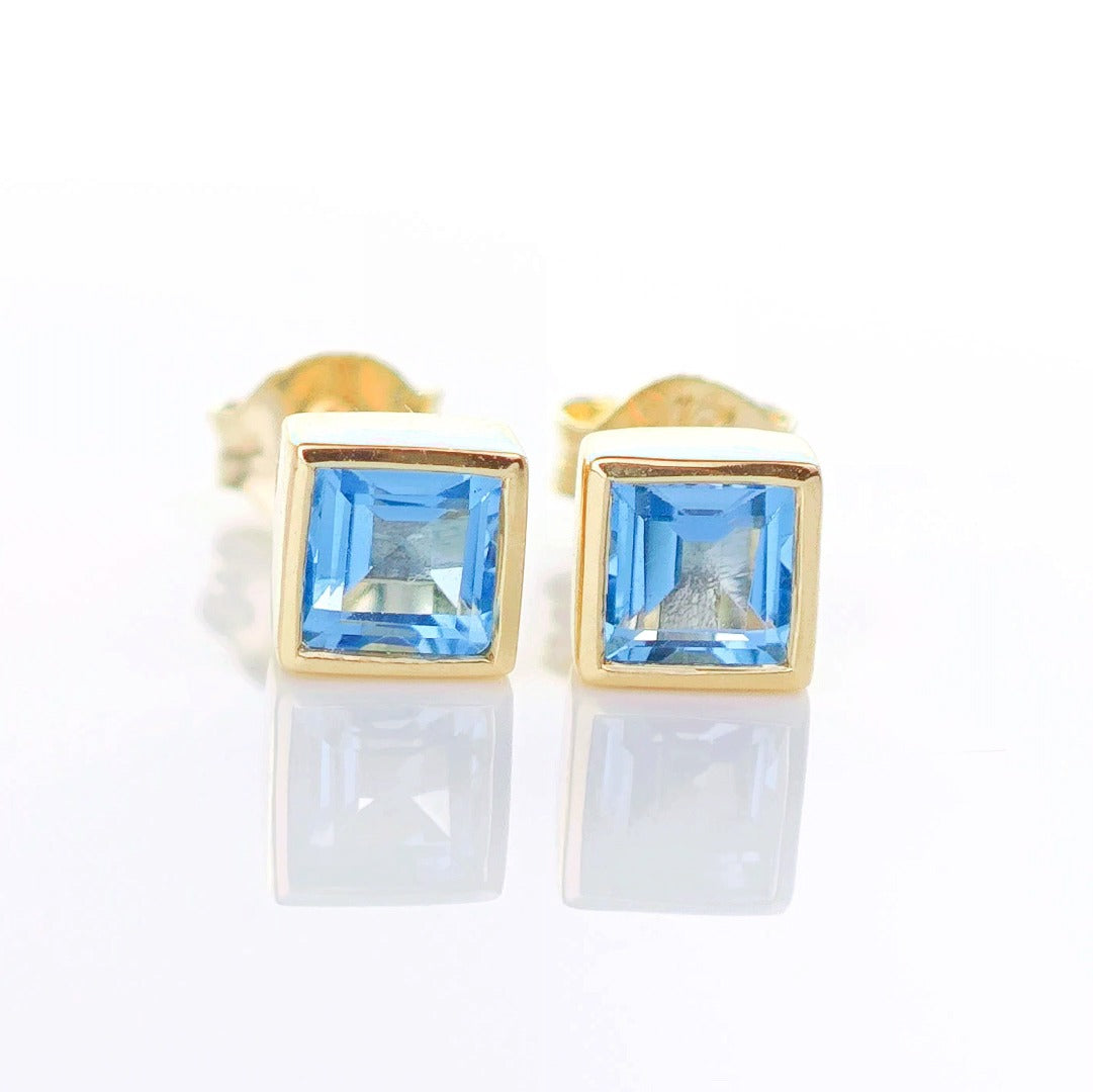 9ct Topaz Earrings Gold Studs Natural Light Swiss Blue Treated Gemstones 0.76ct