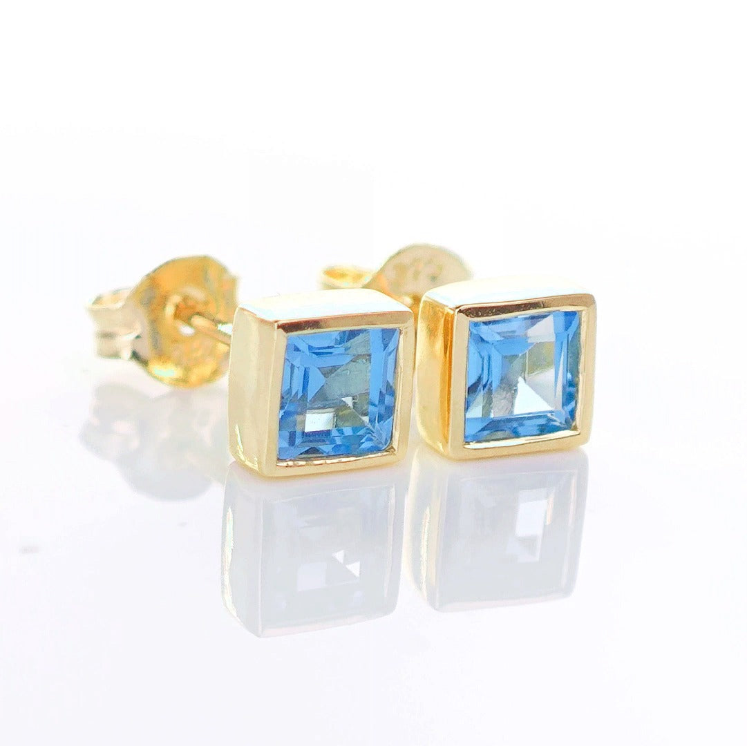 9ct Topaz Earrings Gold Studs Natural Light Swiss Blue Treated Gemstones 0.76ct