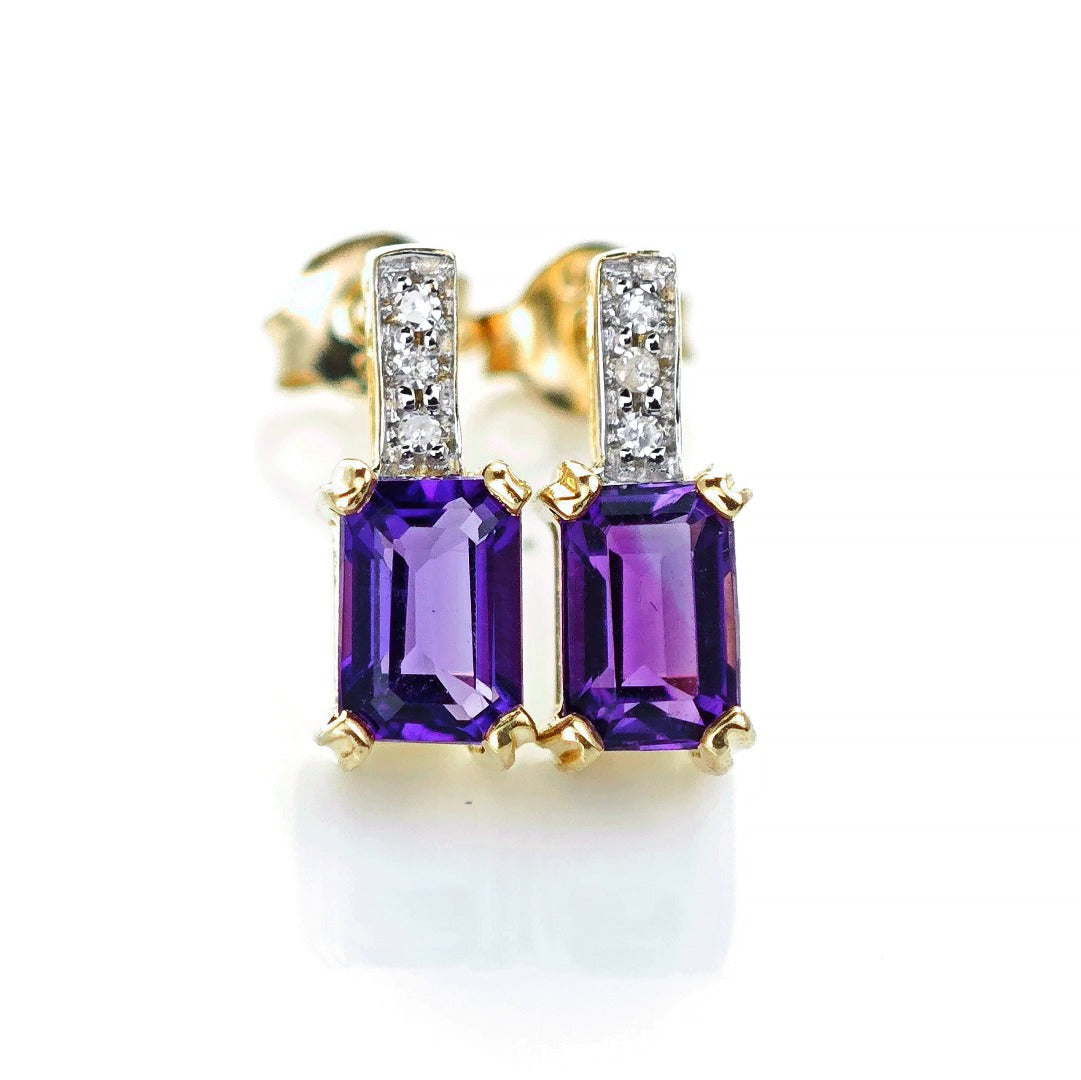 9ct Amethyst Diamond Earrings Gold Studs Natural Gemstones 0.92ct