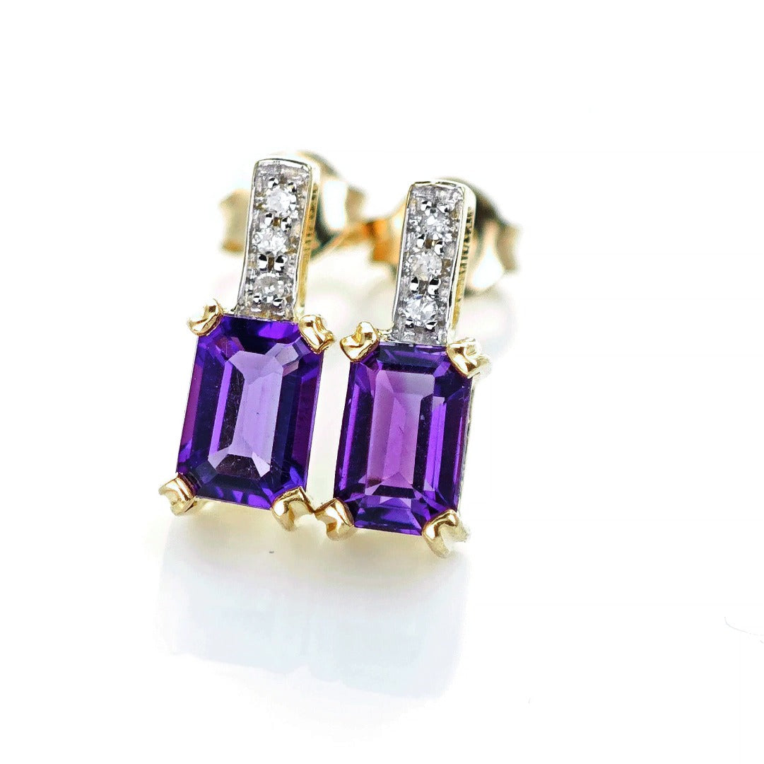 9ct Amethyst Diamond Earrings Gold Studs Natural Gemstones 0.92ct