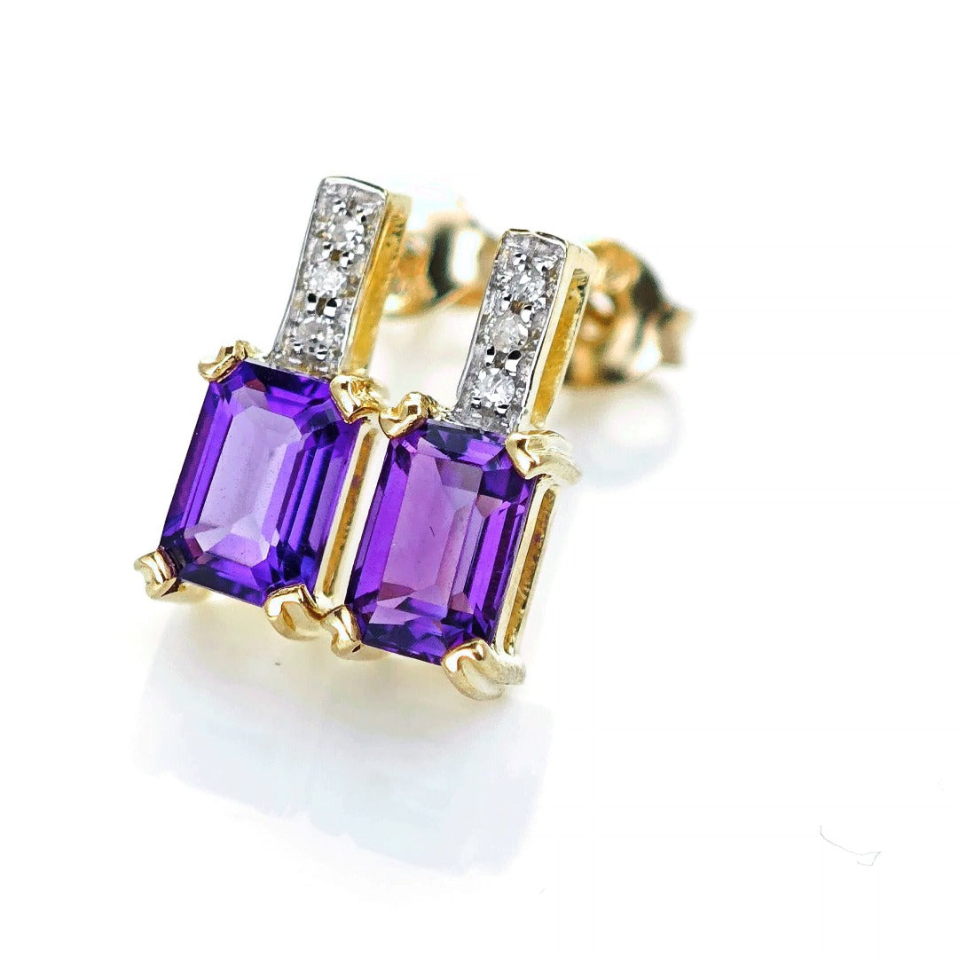 9ct Amethyst Diamond Earrings Gold Studs Natural Gemstones 0.92ct