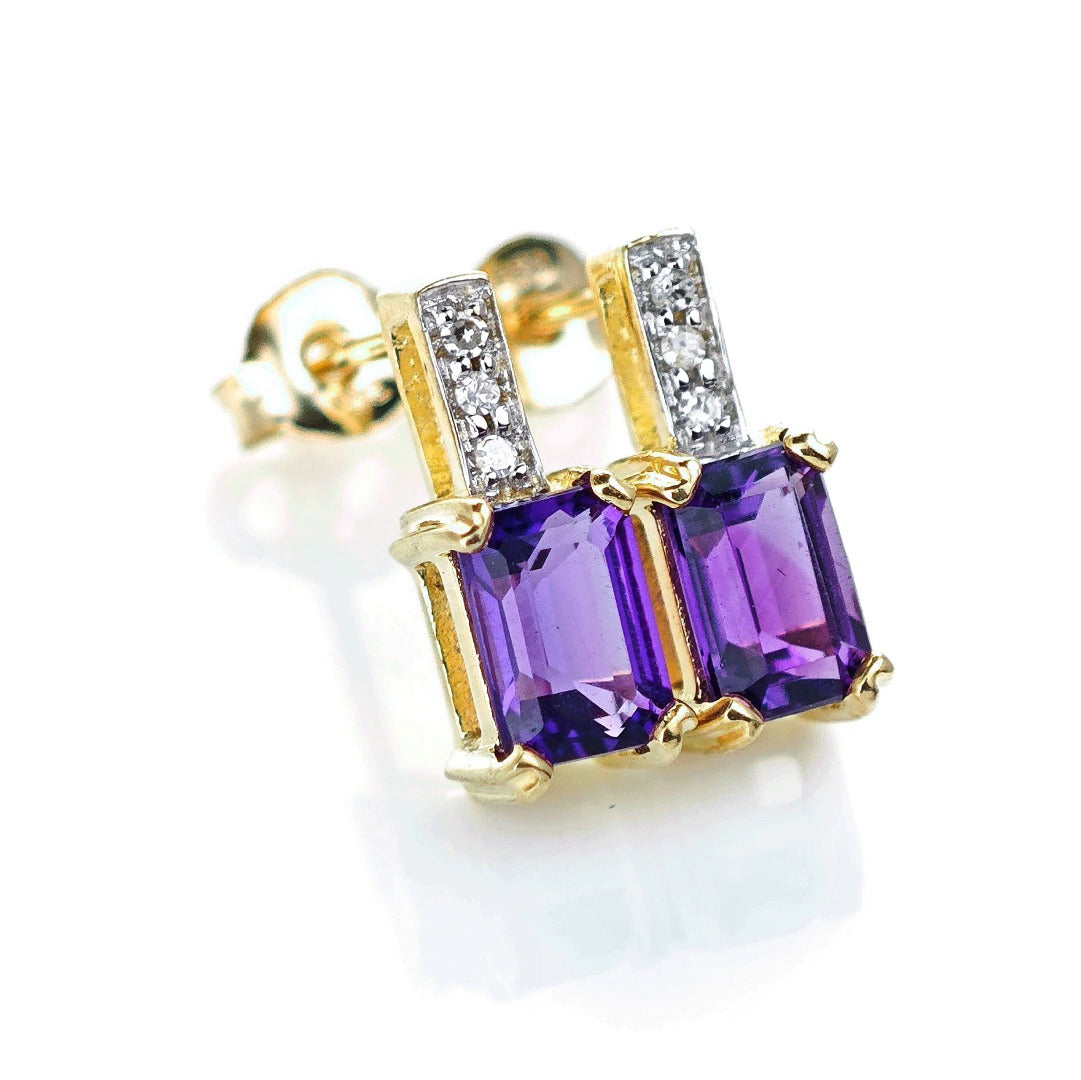 9ct Amethyst Diamond Earrings Gold Studs Natural Gemstones 0.92ct