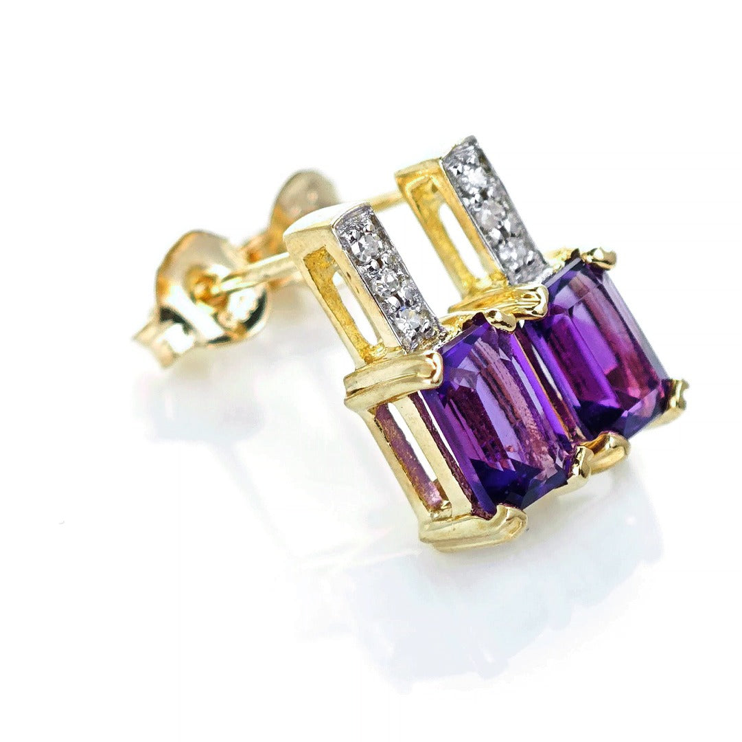 9ct Amethyst Diamond Earrings Gold Studs Natural Gemstones 0.92ct