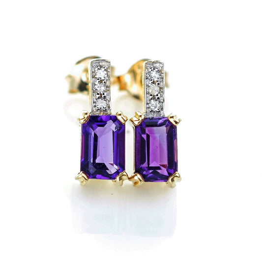 9ct Amethyst Diamond Earrings Gold Studs Natural Gemstones 0.92ct