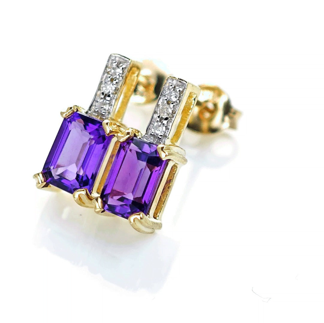 9ct Amethyst Diamond Earrings Gold Studs Natural Gemstones 0.92ct