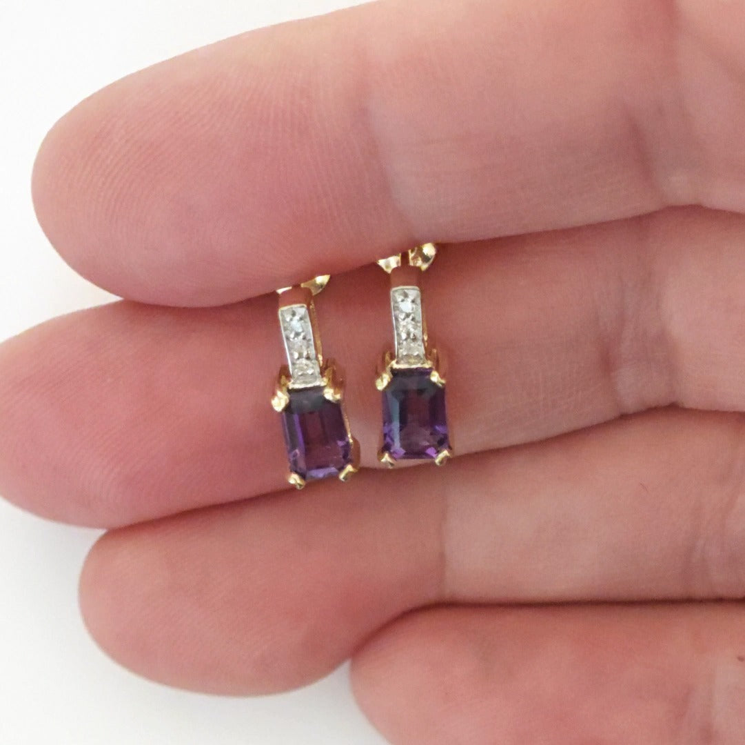 9ct Amethyst Diamond Earrings Gold Studs Natural Gemstones 0.92ct