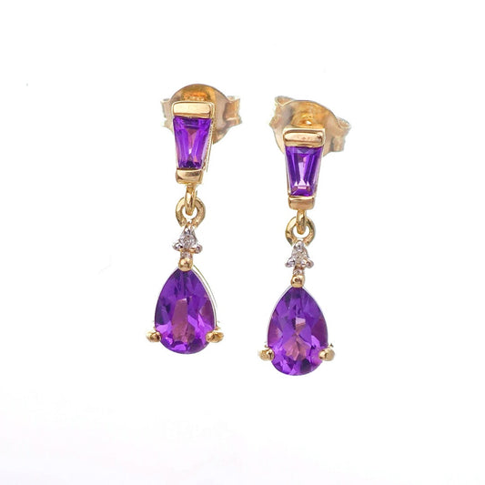 9ct Amethyst Diamond Earrings Gold Studs Natural Gemstones 0.92ct