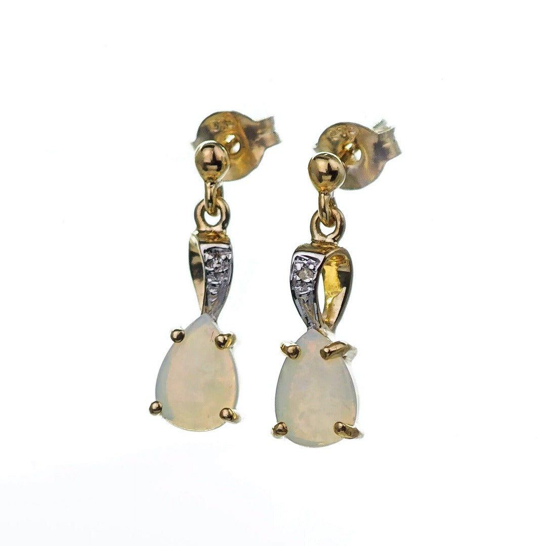 9ct Opal Drop Earrings Gold Diamond Natural White Gemstones 0.75ct Boxed Gift