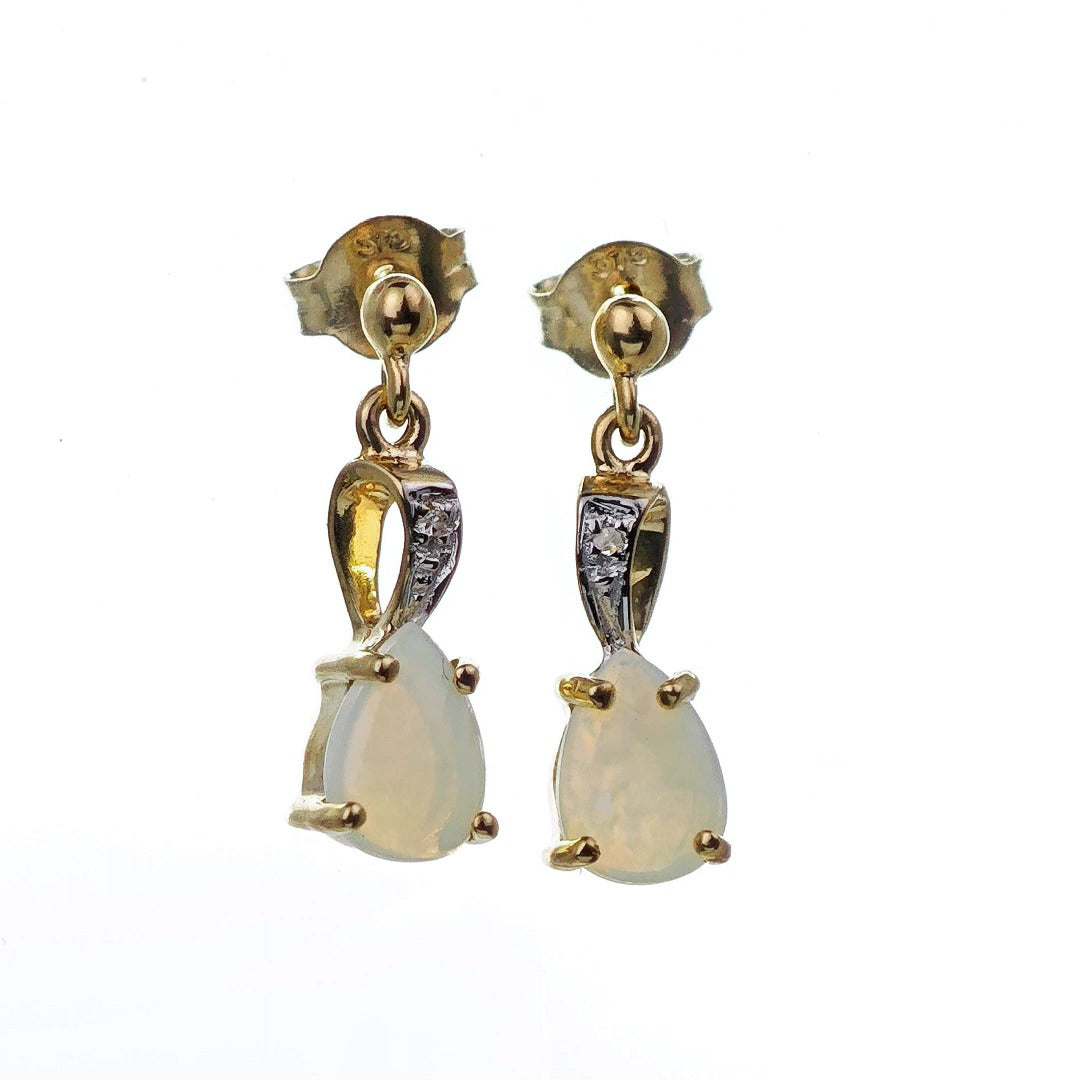 9ct Opal Drop Earrings Gold Diamond Natural White Gemstones 0.75ct Boxed Gift