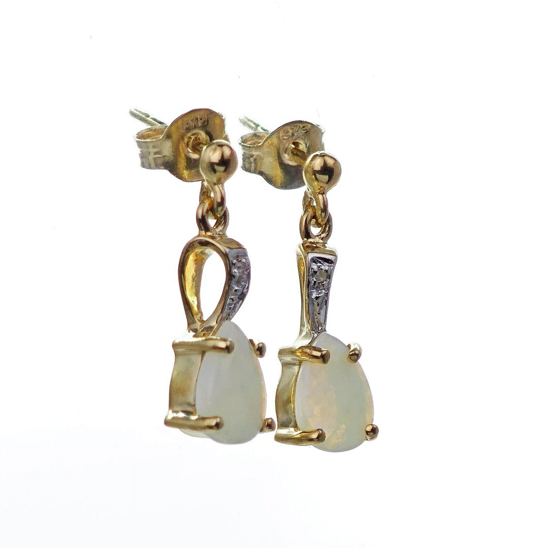 9ct Opal Drop Earrings Gold Diamond Natural White Gemstones 0.75ct Boxed Gift