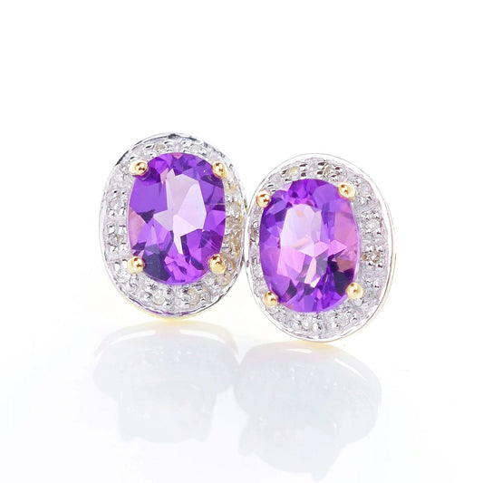 9ct Amethyst Diamond Earrings Gold Studs Natural Purple Oval Gemstones 2.20ct