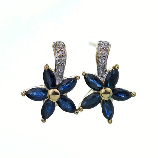 9ct Sapphire Diamond Earrings Gold Flower Studs Natural Blue Gemstones 0.88ct