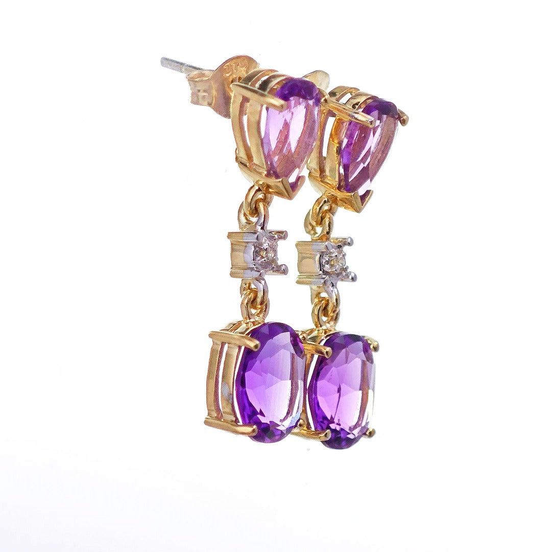 9ct Amethyst Diamond Earrings Gold Dangle Natural Gemstones 3.5ct