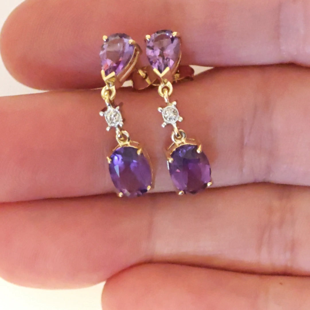 9ct Amethyst Diamond Earrings Gold Dangle Natural Gemstones 3.5ct