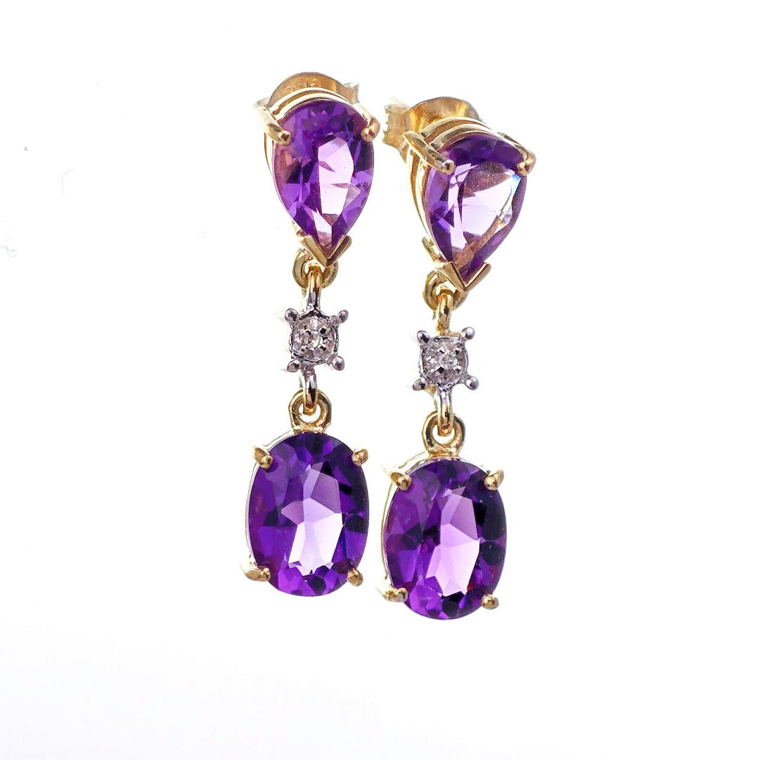 9ct Amethyst Diamond Earrings Gold Dangle Natural Gemstones 3.5ct