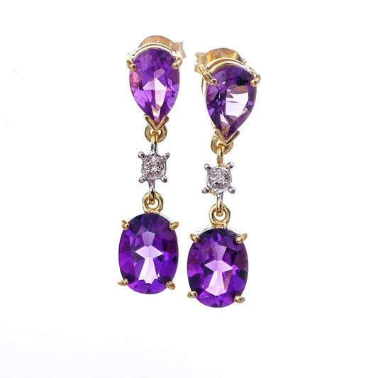 9ct Amethyst Diamond Earrings Gold Dangle Natural Gemstones 3.5ct