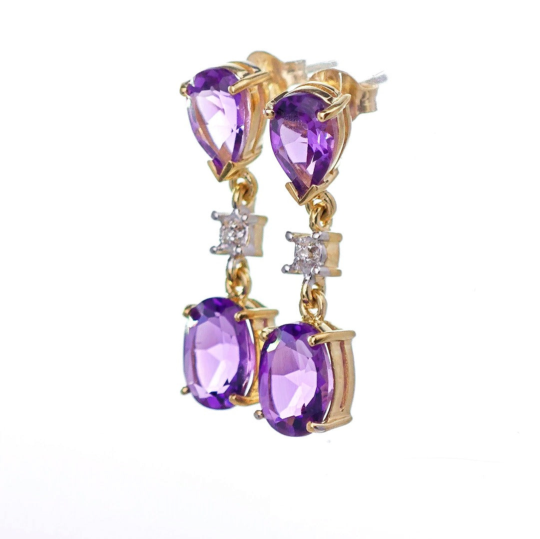 9ct Amethyst Diamond Earrings Gold Dangle Natural Gemstones 3.5ct