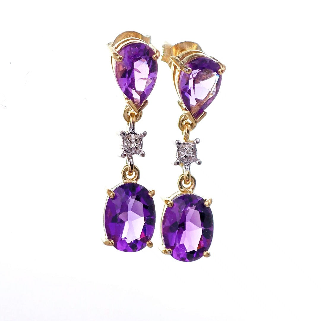 9ct Amethyst Diamond Earrings Gold Dangle Natural Gemstones 3.5ct