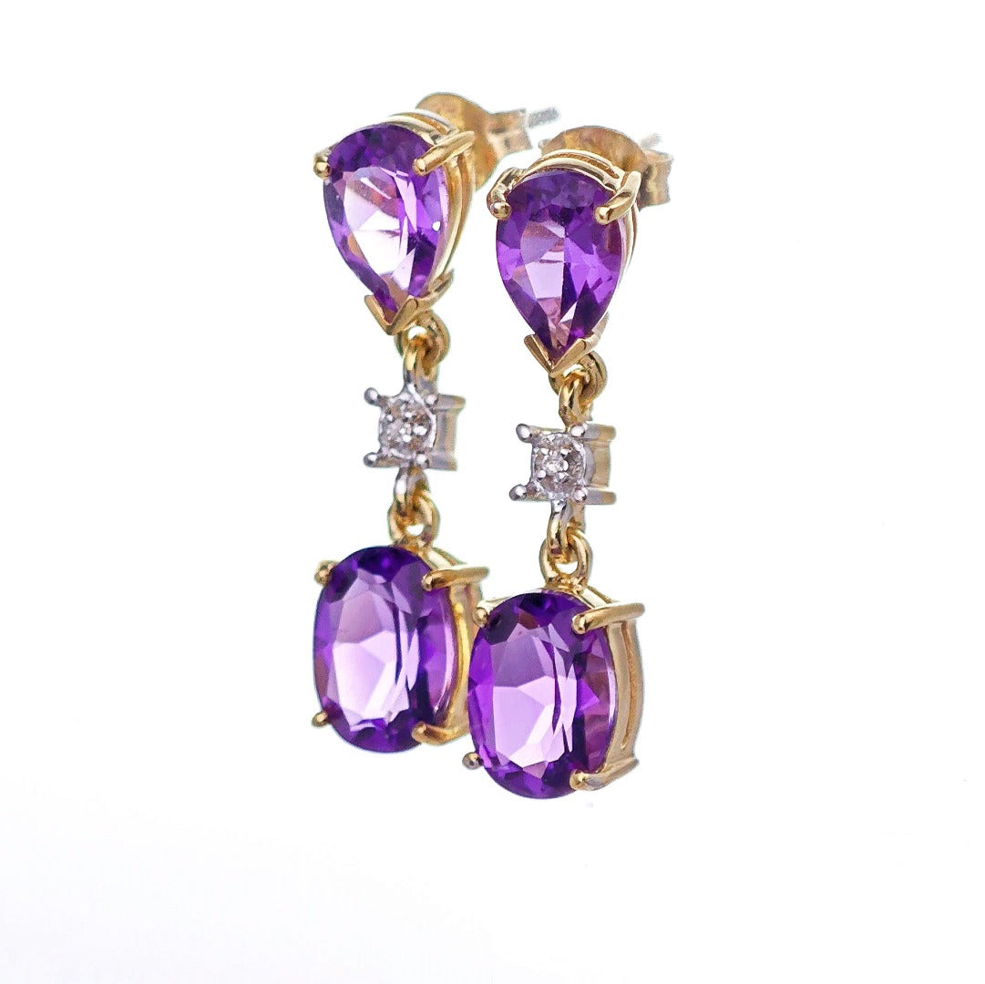 9ct Amethyst Diamond Earrings Gold Dangle Natural Gemstones 3.5ct