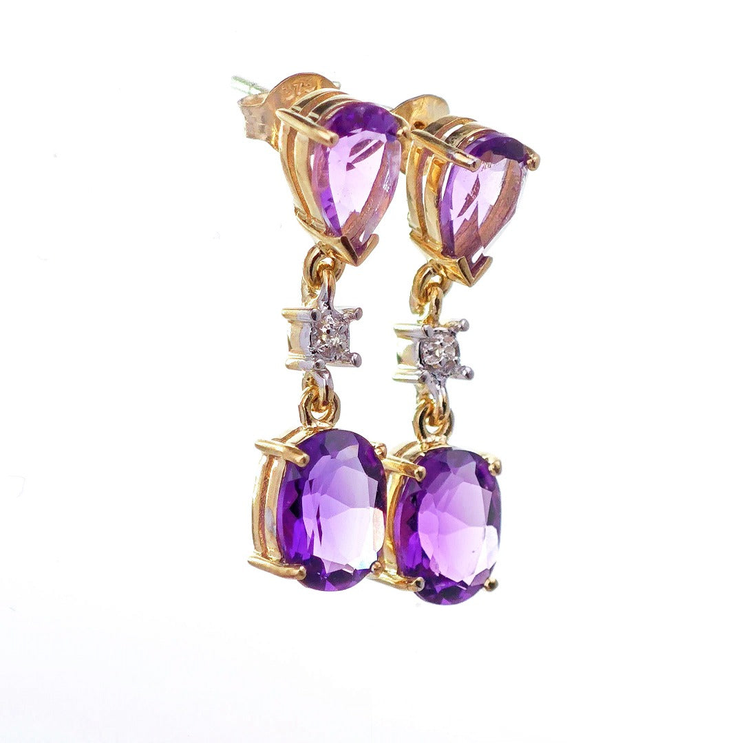 9ct Amethyst Diamond Earrings Gold Dangle Natural Gemstones 3.5ct