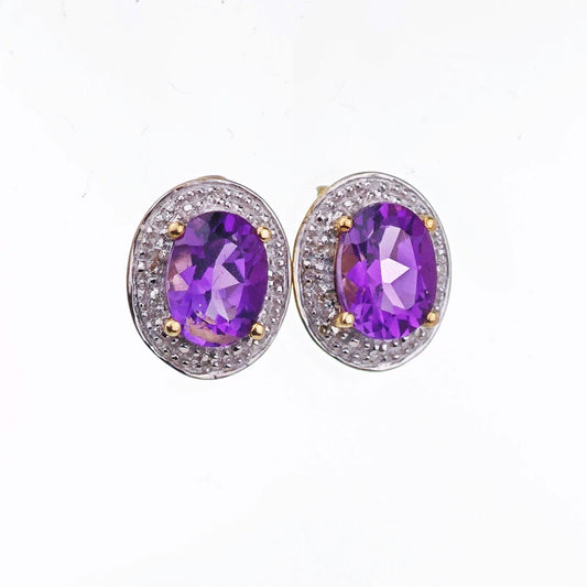 9ct Amethyst Diamond Earrings Gold Studs Natural Gemstones 2.2ct Hallmarked