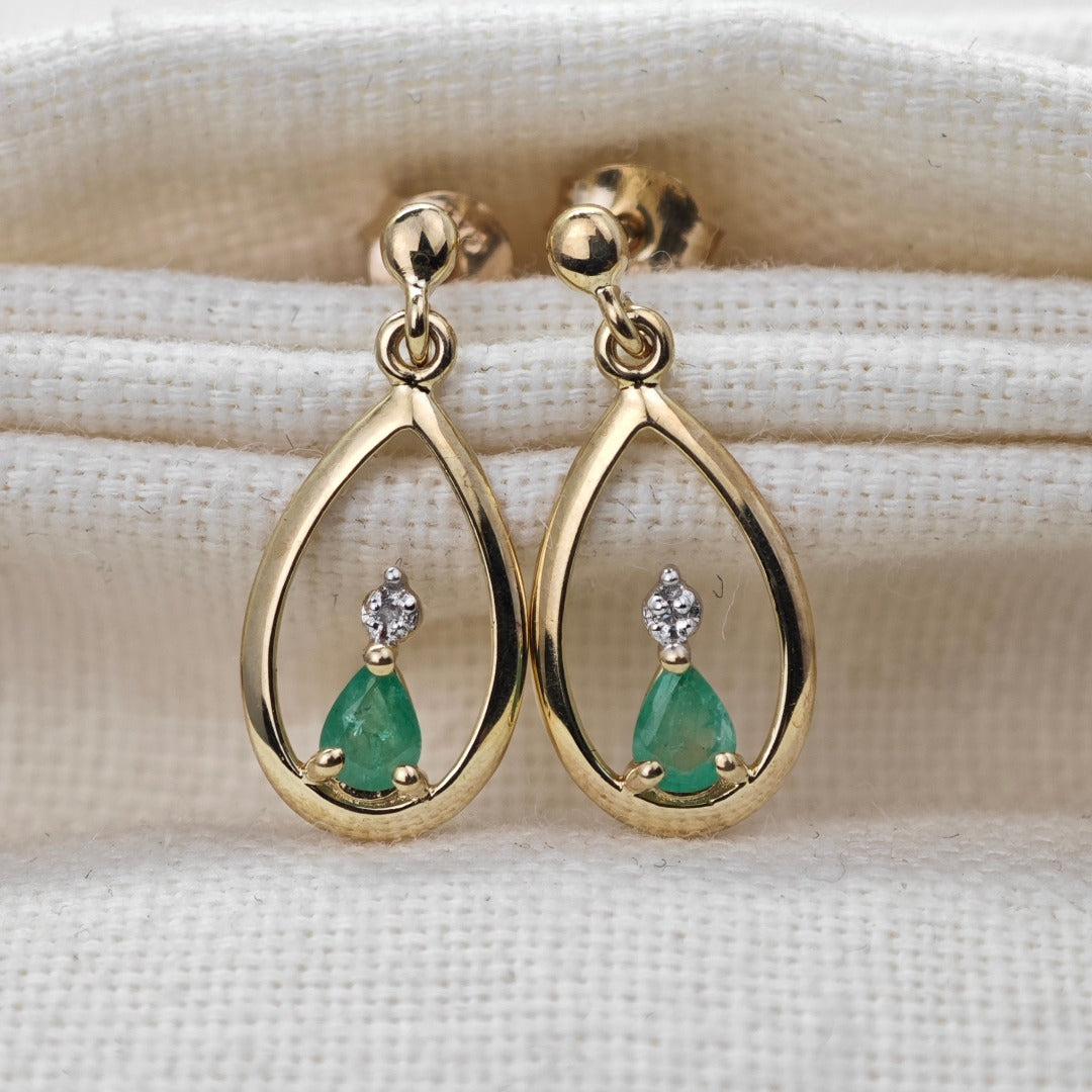 9ct Emerald Dangle Earrings Gold Diamond Natural Green Gemstones 0.24ct Boxed