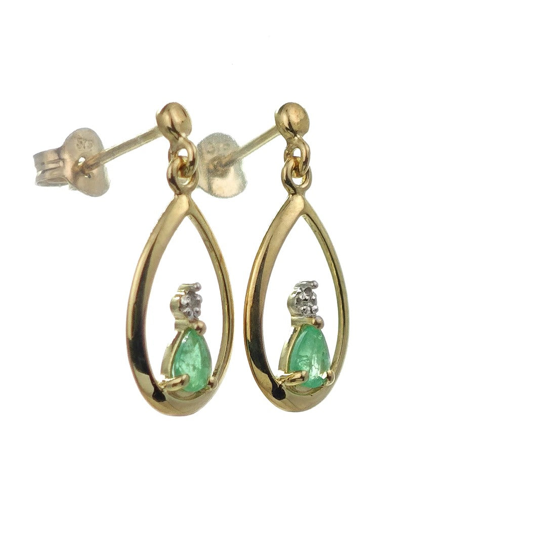 9ct Emerald Dangle Earrings Gold Diamond Natural Green Gemstones 0.24ct Boxed