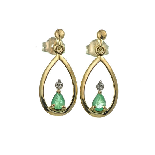 9ct Emerald Dangle Earrings Gold Diamond Natural Green Gemstones 0.24ct Boxed