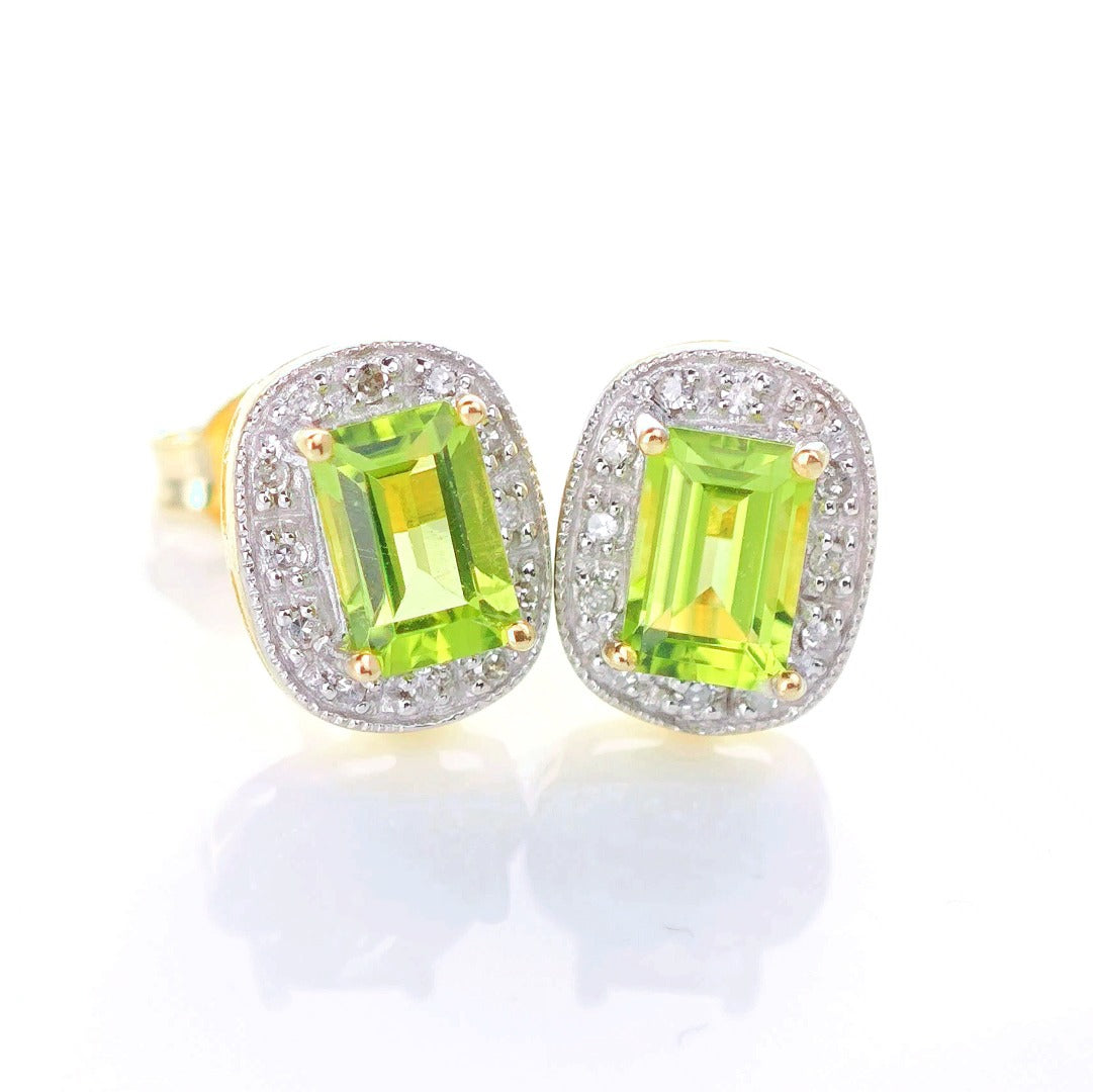 9ct Peridot  DiamondEarrings Gold Studs Natural Gemstones 1.27ct