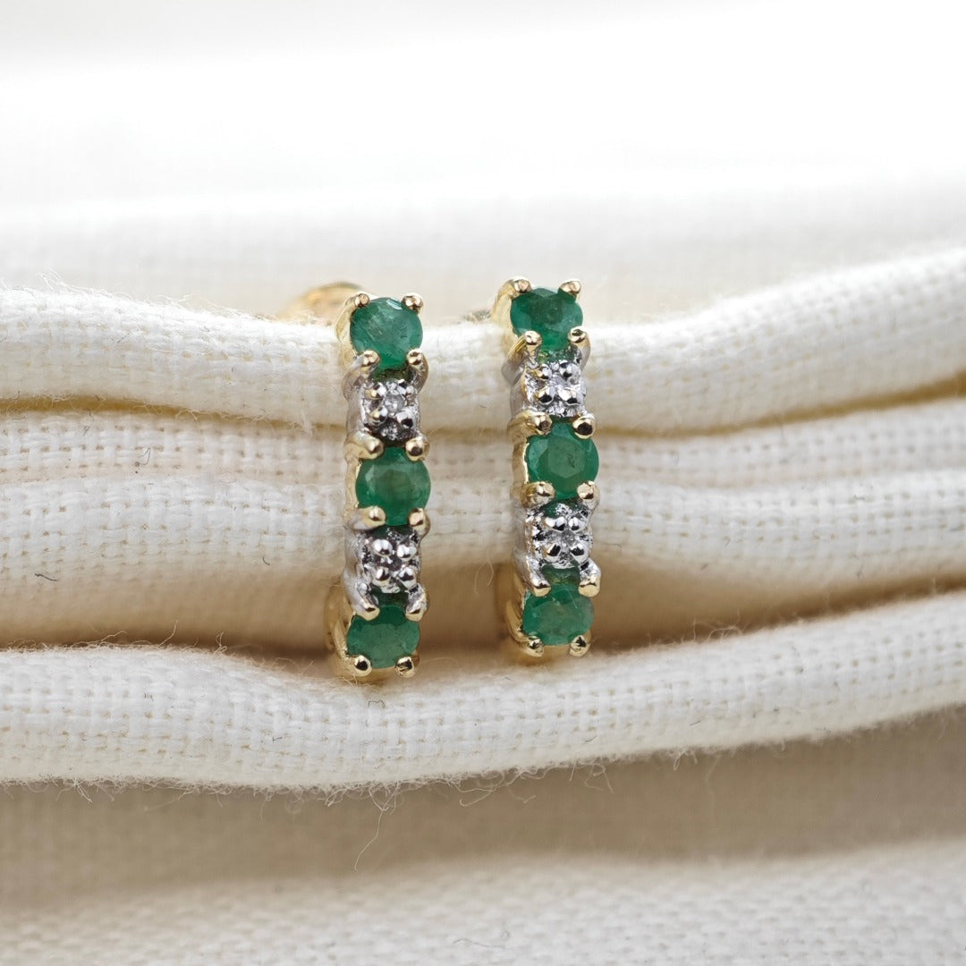 9ct Emerald  Diamond Earrings Gold Loop Studs Natural Green Gemstones 0.42ct