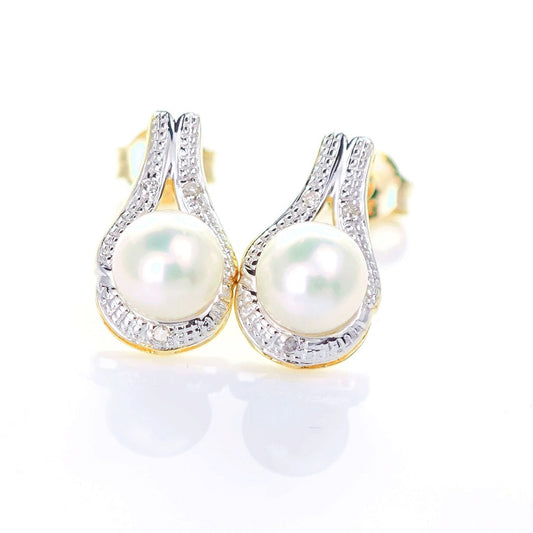 9ct Fresh Water Pearl  Diamond Earrings Gold Studs Natural Gemstones1.64ct