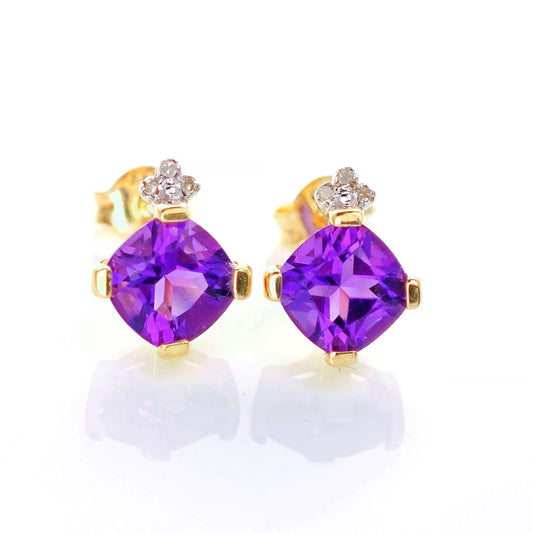 9ct Amethyst Diamond Earrings Gold Studs Natural Gemstones 1.64 ct