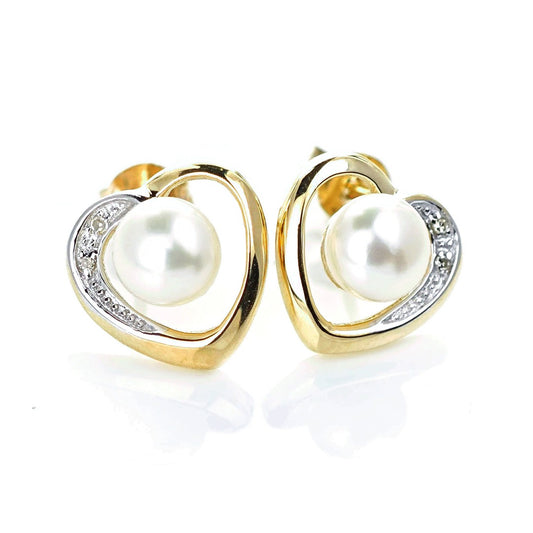 9ct Fresh Water Pearl Diamond Heart Earrings Gold Studs Natural Gemstones