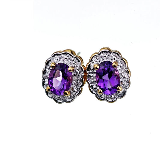 9ct Amethyst Diamond Earrings Gold Studs Natural Gemstones1.3ct Hallmarked