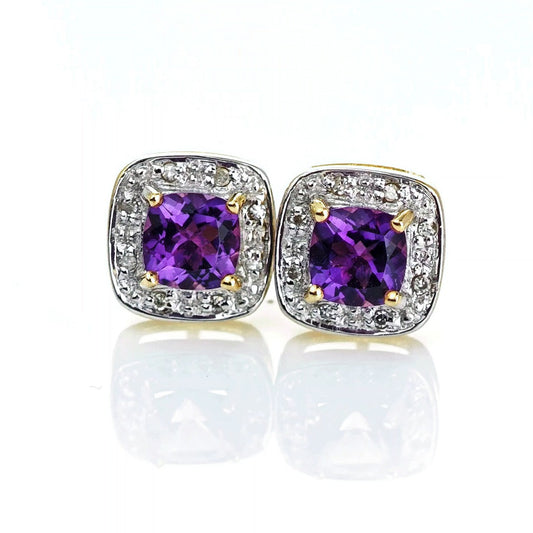 9ct Amethyst Diamond Earrings Gold Studs Natural Gemstones 1.63ct