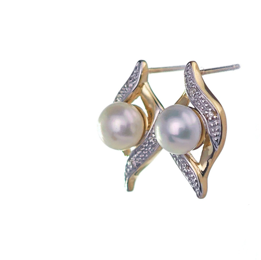 9ct Fresh Water Pearl Diamond Earrings Gold Studs Natural Gemstones Boxed