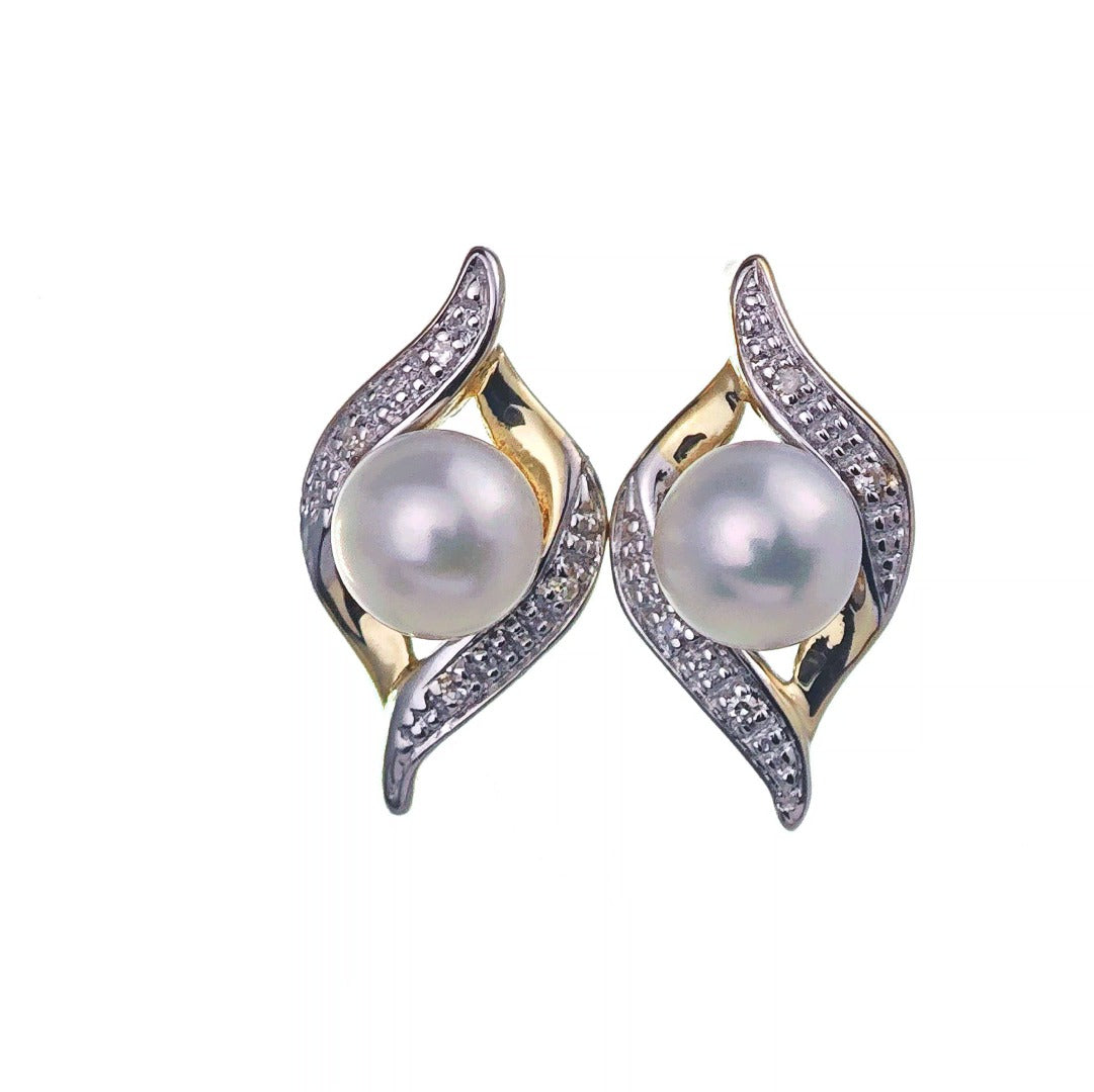 9ct Fresh Water Pearl Diamond Earrings Gold Studs Natural Gemstones Boxed