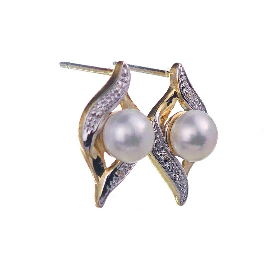 9ct Fresh Water Pearl Diamond Earrings Gold Studs Natural Gemstones Boxed