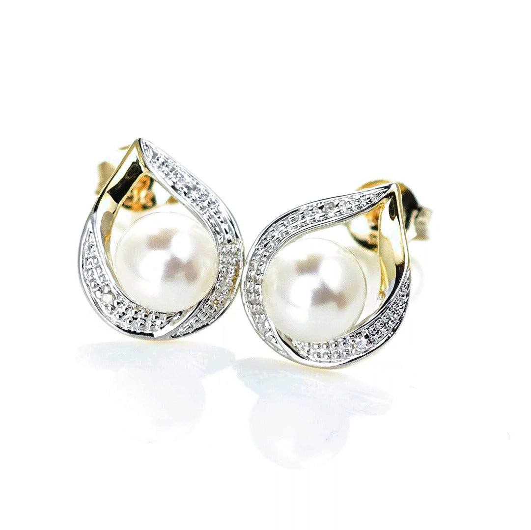 9ct Fresh Water Pearl  Diamond Earrings Gold Studs Natural Gemstones