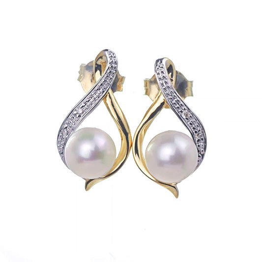 9ct Fresh Water Pearl  Diamond Earrings Gold Studs Natural Gemstones