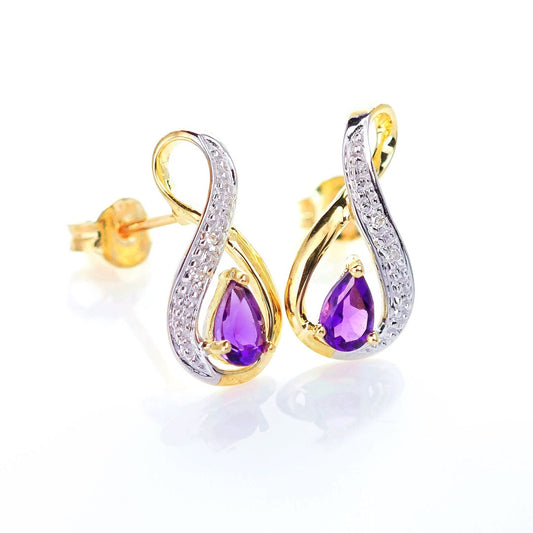 9ct Amethyst Diamond Earrings Gold Studs Natural Gemstones 0.38ct