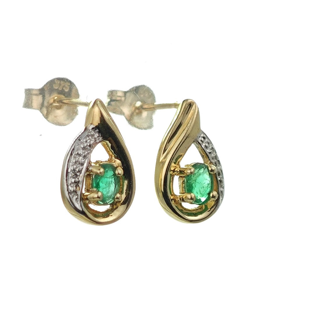 9ct Emerald Earrings Gold Diamond Studs Natural Green Gemstones 0.25ct