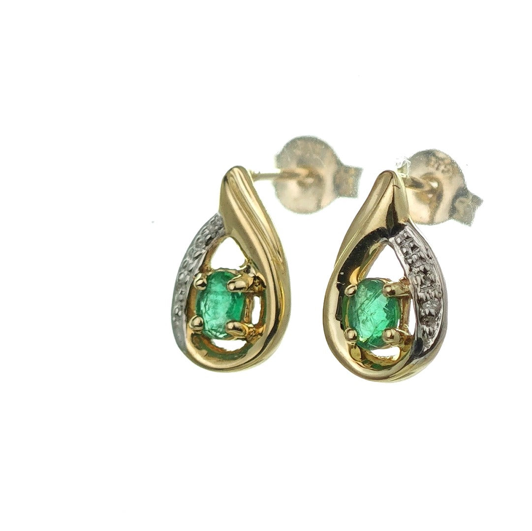 9ct Emerald Earrings Gold Diamond Studs Natural Green Gemstones 0.25ct