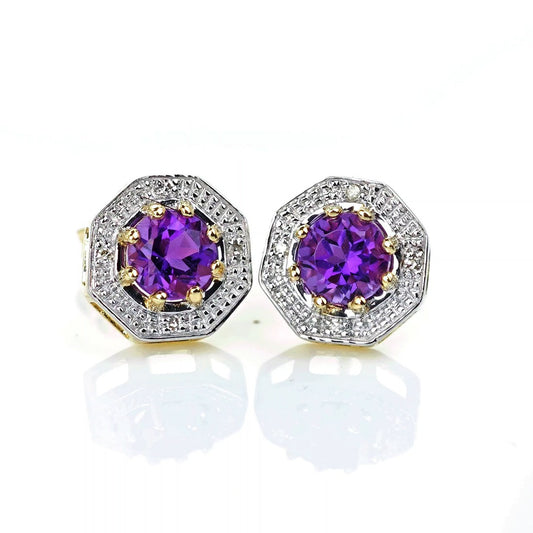 9ct Amethyst Diamond Earrings Gold Studs Natural Purple Gemstones 0.95ct