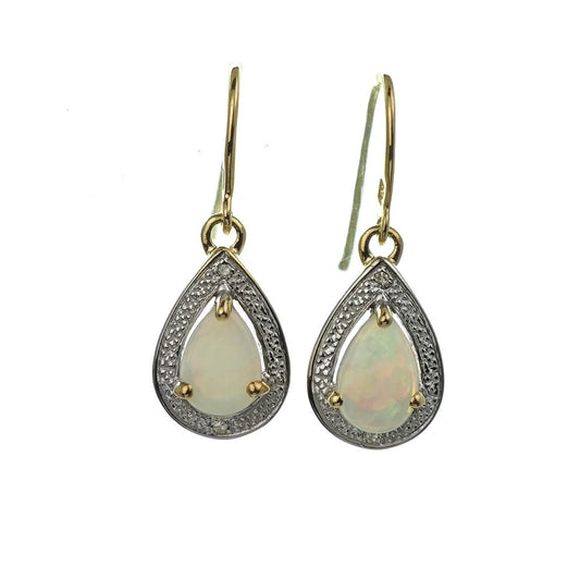 9ct Opal Dangle Earrings Gold Diamond Natural White Pear Gemstones 0.72ct