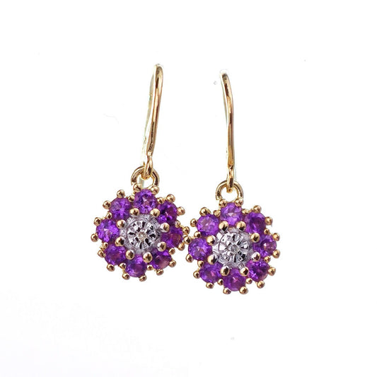 9ct Amethyst Diamond Earrings Gold Dangle Natural Gemstones 0.52ct