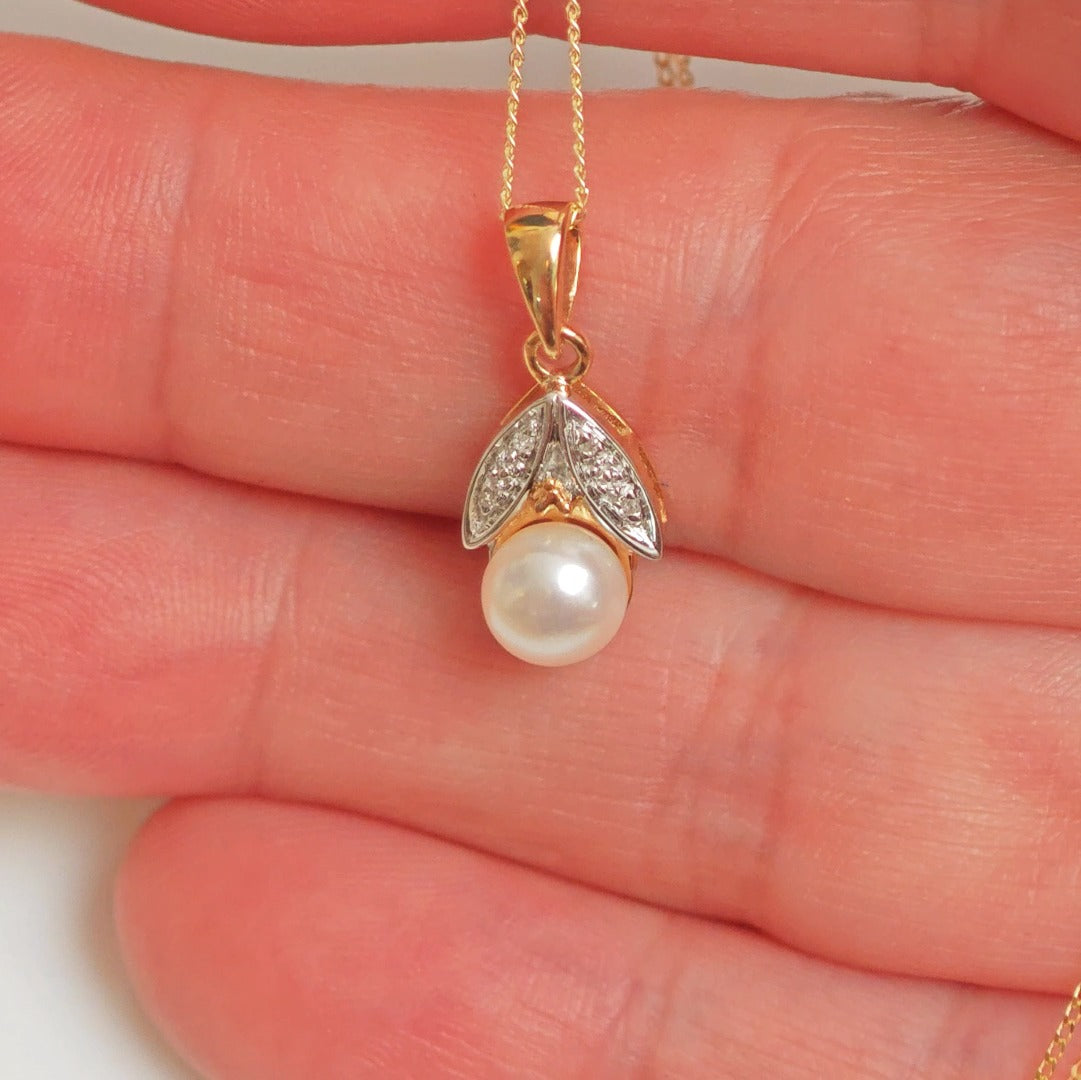 9ct Pearl Necklace Diamond Yellow Gold White Round Natural Gemstones Boxed Gift